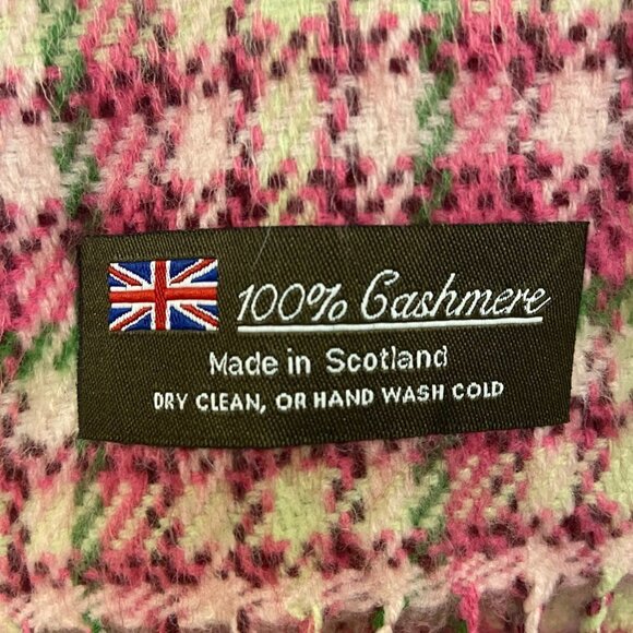 Scottish 100% Cashmere Scarf - Pink, Red, Green & Yellow Plaid w/ Fringe 64 in. - Picture 7 of 7